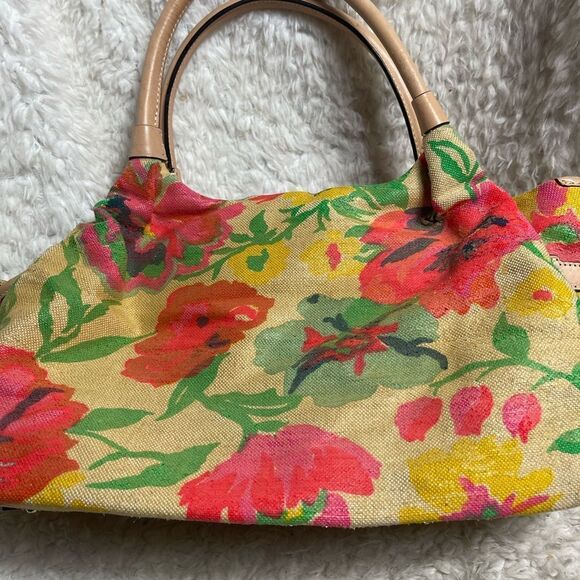 Kate Spade Burlap painted floral prints shoulder bag tan leather straps &trims - Picture 16 of 16